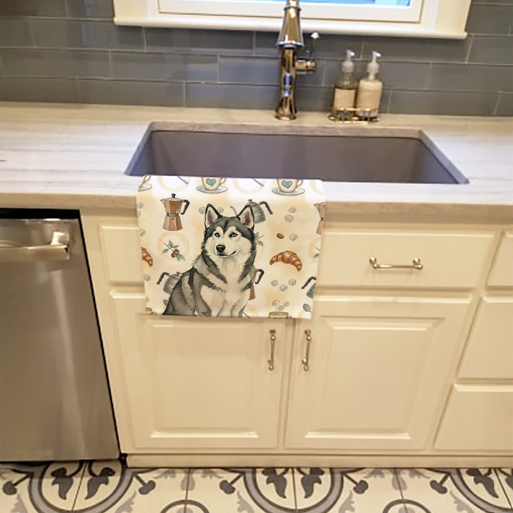 Gray and White Alaskan Malamute Coffee Bar Kitchen Towel Velour Plush Front and Cotton Loop Back Machine Washable