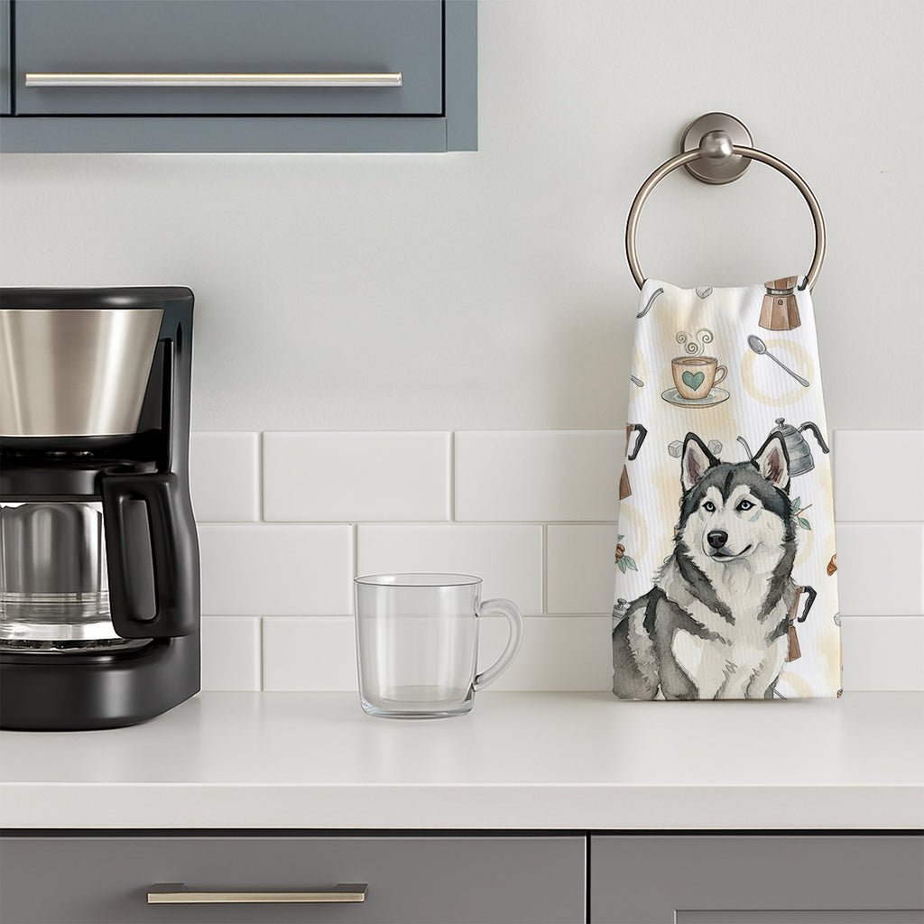 Gray and White Alaskan Malamute Coffee Bar Kitchen Towel Velour Plush Front and Cotton Loop Back Machine Washable