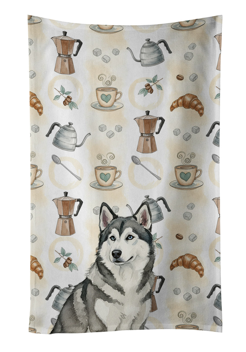 Gray and White Alaskan Malamute Coffee Bar Kitchen Towel Velour Plush Front and Cotton Loop Back Machine Washable