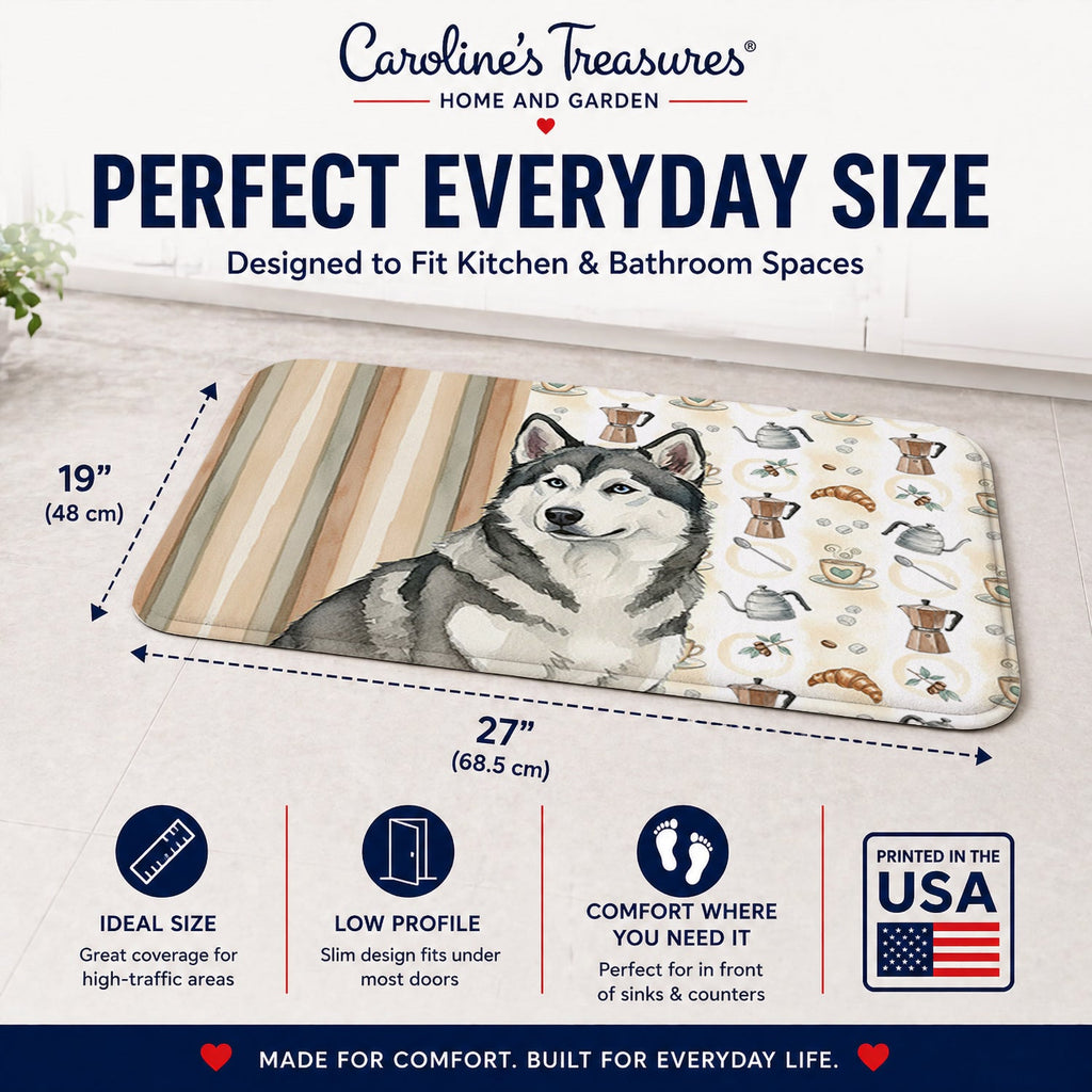Gray and White Alaskan Malamute Coffee Bar Memory Foam Kitchen Mat Machine Washable Anti-Fatigue Cushion Comfort Bath or Kitchen Rug