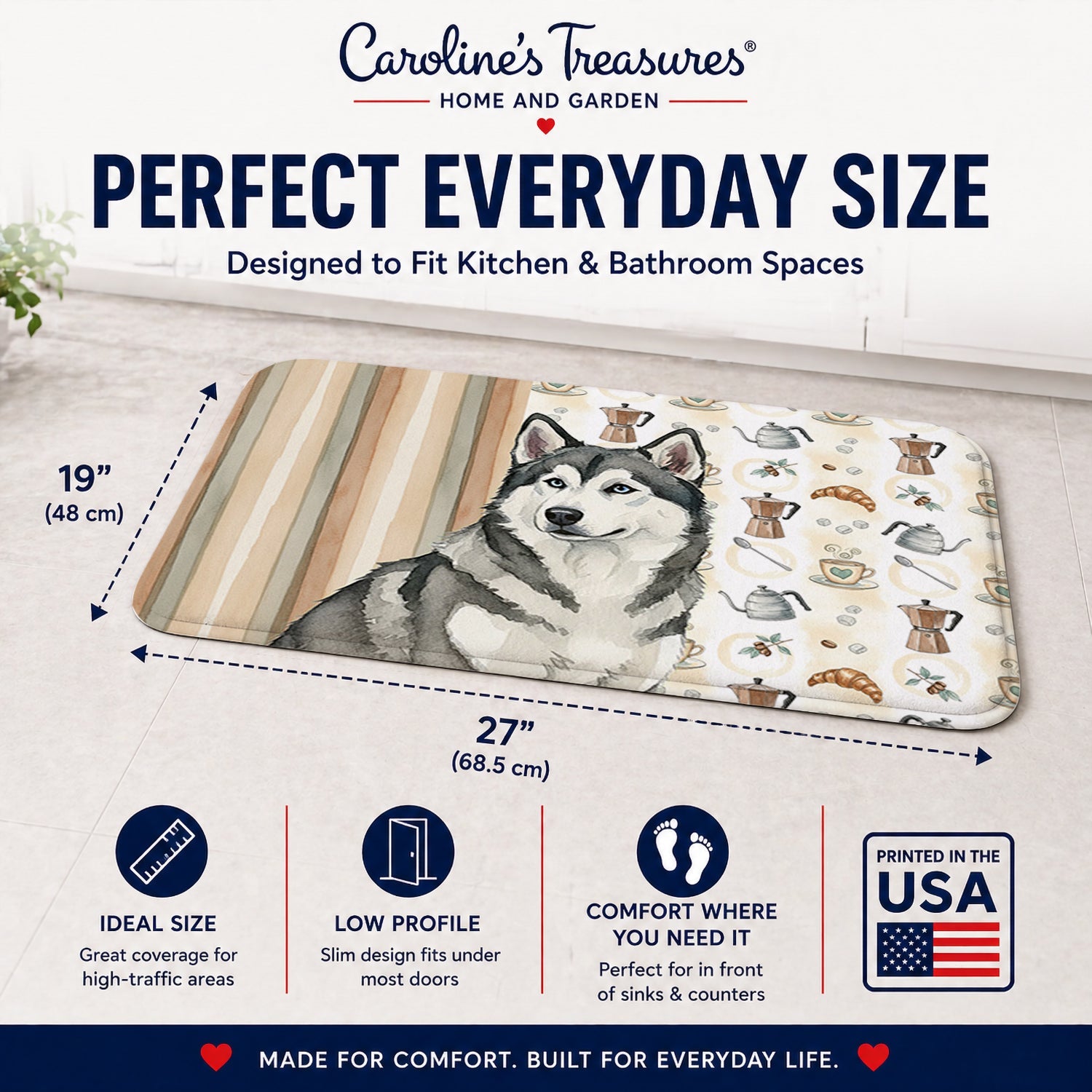 Gray and White Alaskan Malamute Coffee Bar Memory Foam Kitchen Mat Machine Washable Anti-Fatigue Cushion Comfort Bath or Kitchen Rug