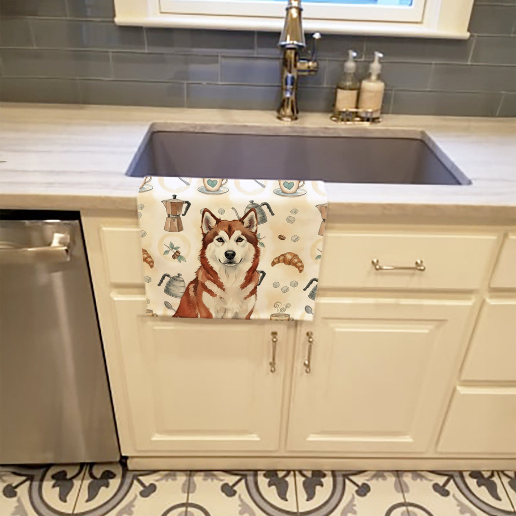 Red and White Alaskan Malamute Coffee Bar Kitchen Towel Velour Plush Front and Cotton Loop Back Machine Washable