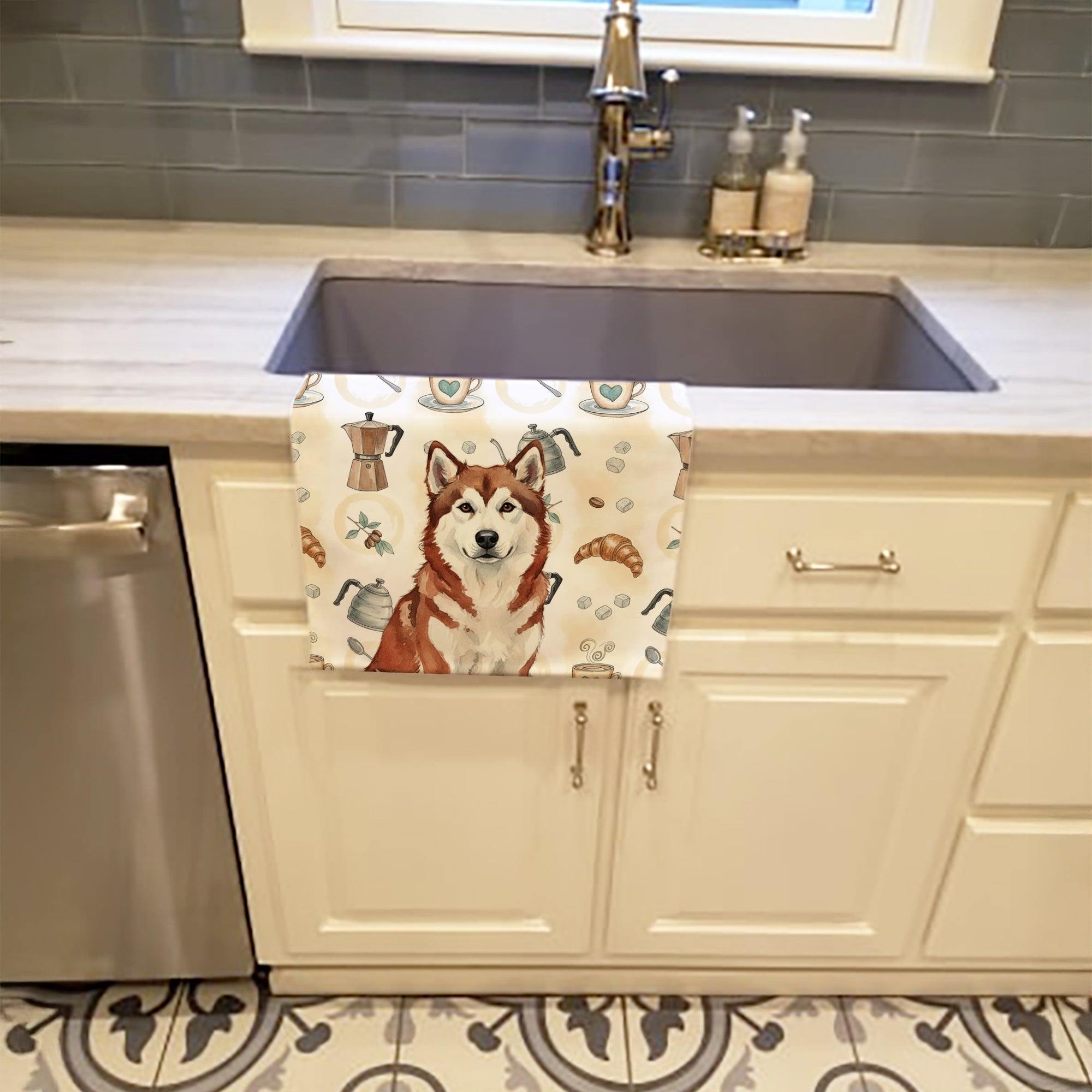 Red and White Alaskan Malamute Coffee Bar Kitchen Towel Velour Plush Front and Cotton Loop Back Machine Washable