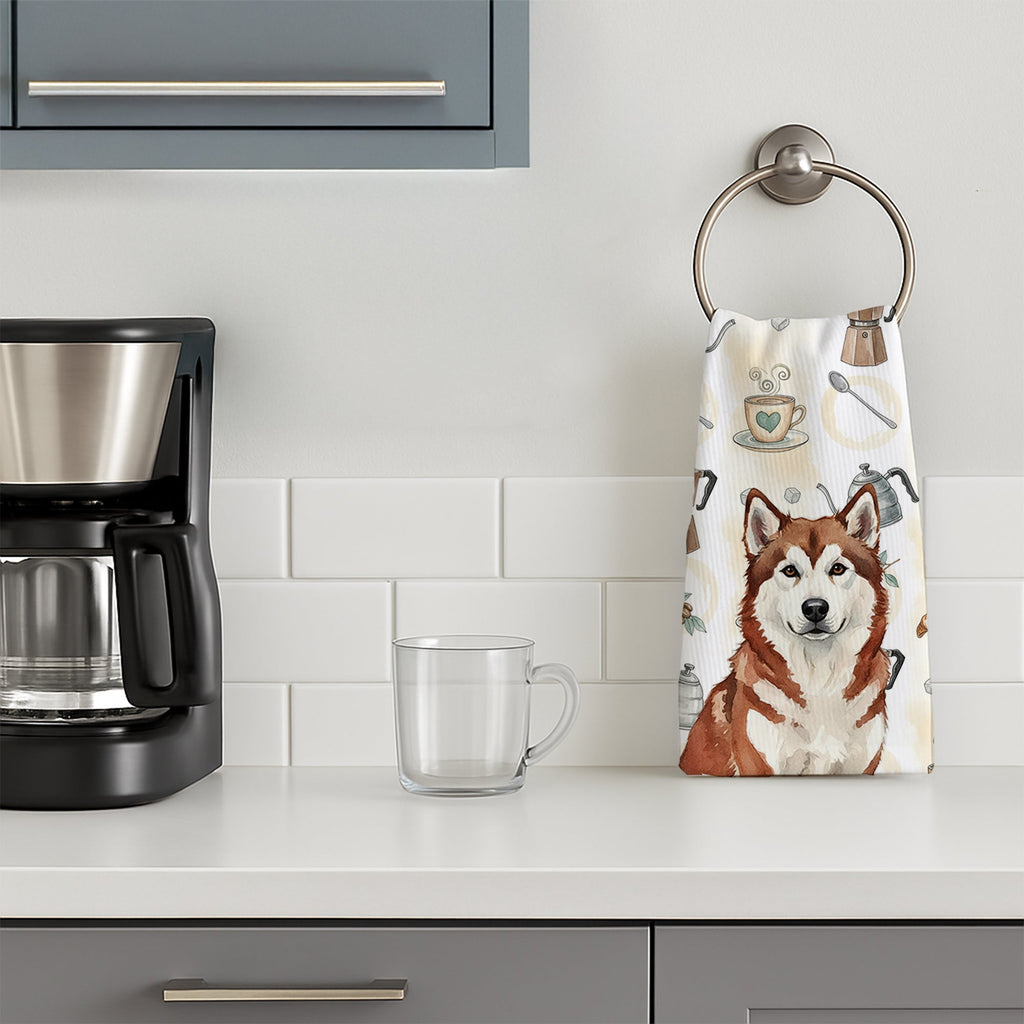 Red and White Alaskan Malamute Coffee Bar Kitchen Towel Velour Plush Front and Cotton Loop Back Machine Washable