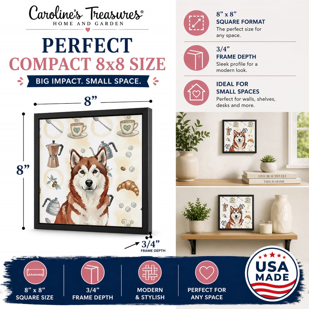 Red and White Alaskan Malamute Coffee Bar Framed Metal Print Bathroom, Kitchen, Office, Home Decor Wall Art Ready to Hang, Square, 8X8