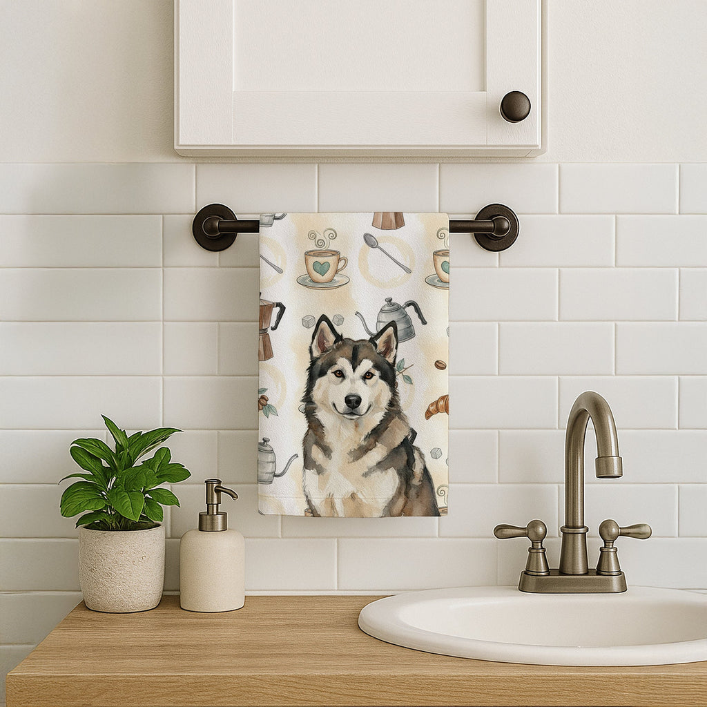 Sable and White Alaskan Malamute Coffee Bar Kitchen Towel Velour Plush Front and Cotton Loop Back Machine Washable