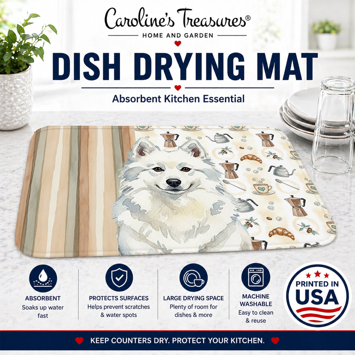 American Eskimo Coffee Bar Dish Drying Mat Absorbent Dish Drying Mat Pad for Kitchen Counter Dish Drainer Mat for Countertop, 14 x 21", Multicolor