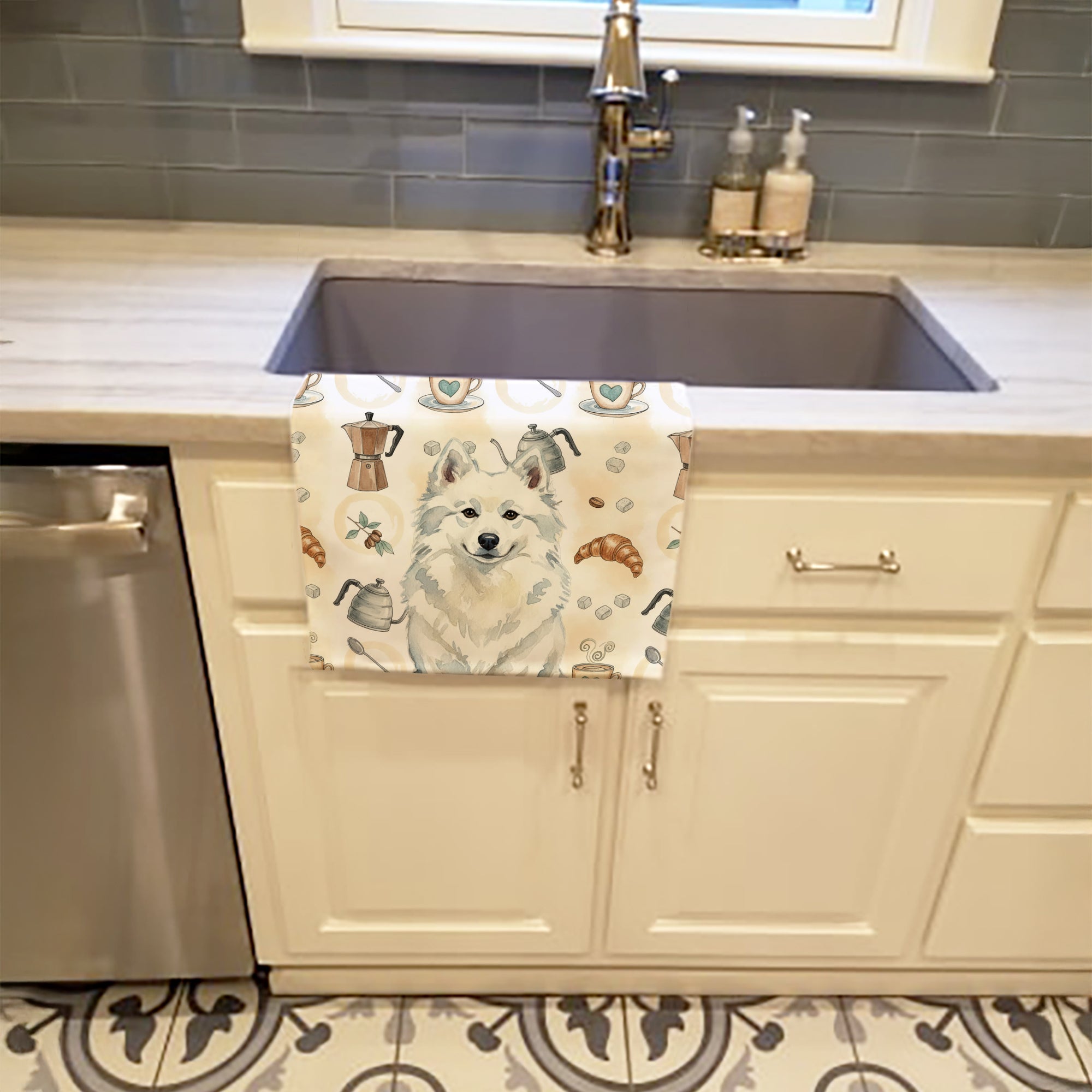 American Eskimo Coffee Bar Kitchen Towel Velour Plush Front and Cotton Loop Back Machine Washable