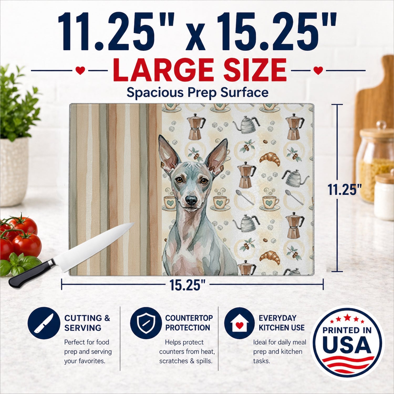 American Hairless Terrier Coffee Bar Cutting Board Tempered Glass Kitchen Cutting Surface, Heat Resistant Chopping, Non-Slip Feet, Food Prep & Serving
