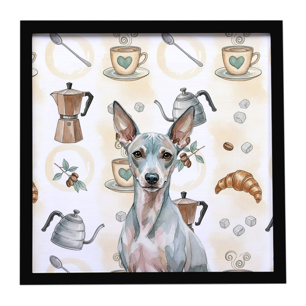 American Hairless Terrier Coffee Bar Framed Metal Print Bathroom, Kitchen, Office, Home Decor Wall Art Ready to Hang, Square, 8X8