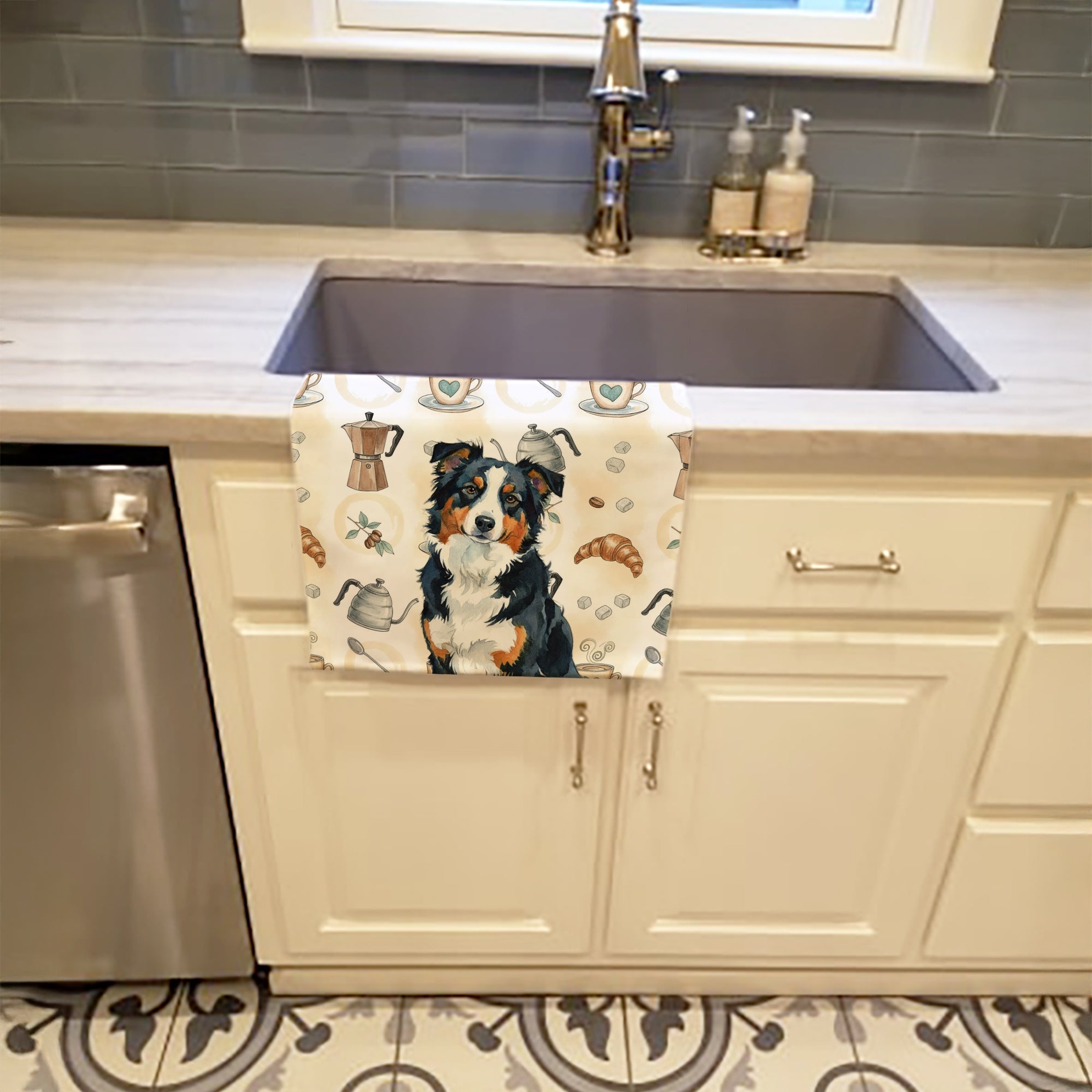 Black Tri American Shepherd Coffee Bar Kitchen Towel Velour Plush Front and Cotton Loop Back Machine Washable
