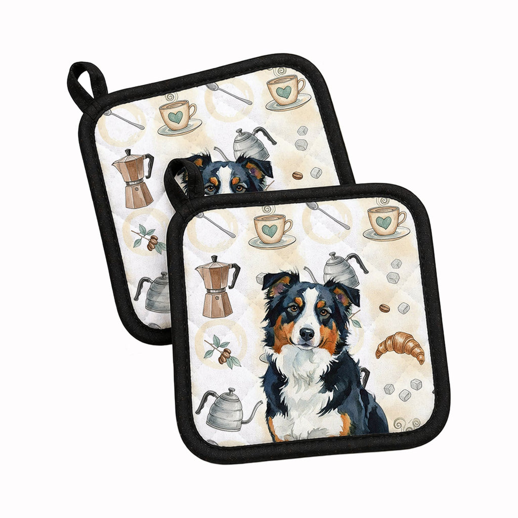 Black Tri American Shepherd Coffee Bar Pot Holder Set of 2 Heat Resistant Quilted Hot Pads 7.5 x 7.5 Inch, Insulated Kitchen Trivets for Cooking & Baking