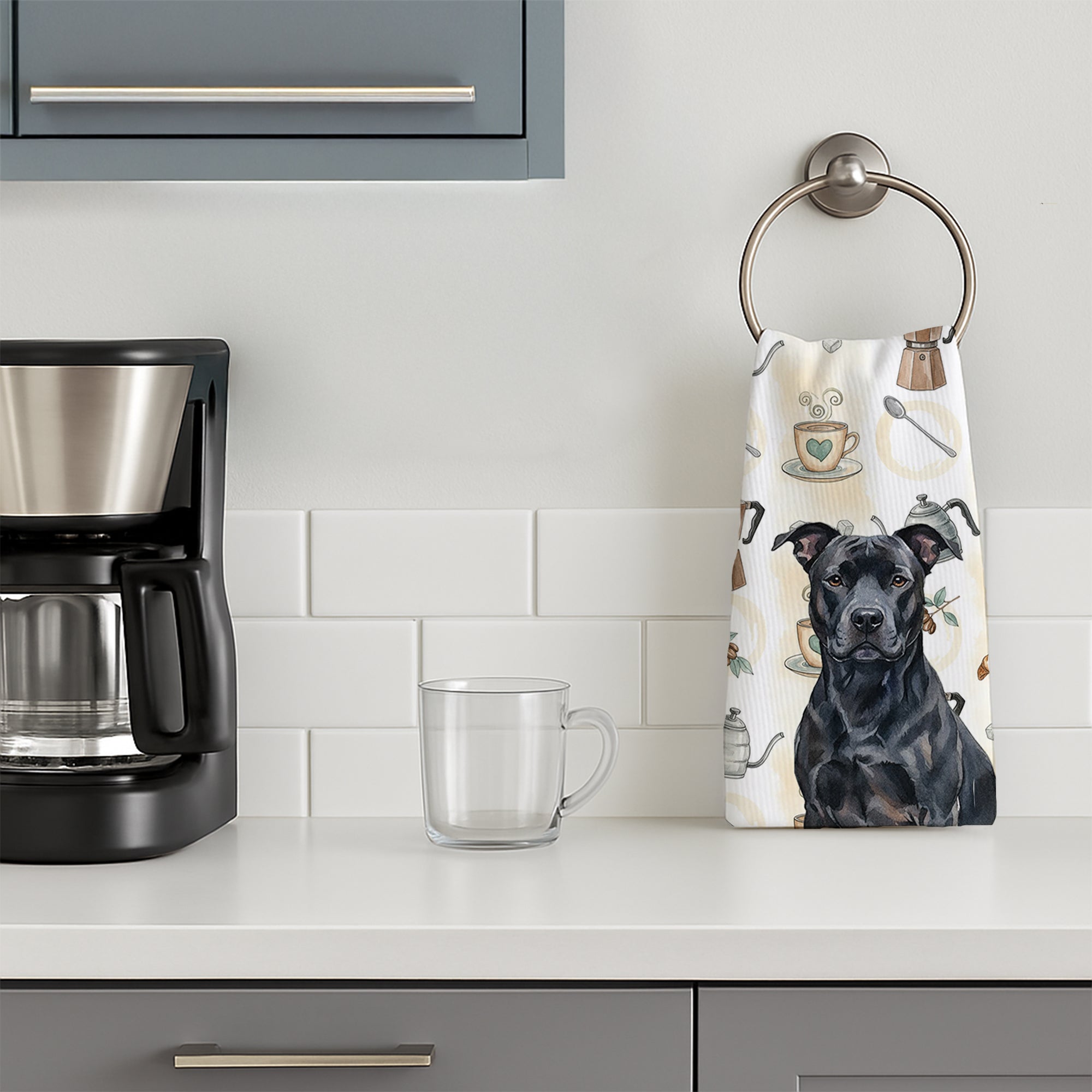 Black American Staffordshire Terrier Coffee Bar Kitchen Towel Velour Plush Front and Cotton Loop Back Machine Washable