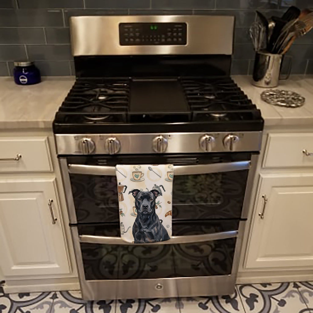 Black American Staffordshire Terrier Coffee Bar Kitchen Towel Velour Plush Front and Cotton Loop Back Machine Washable