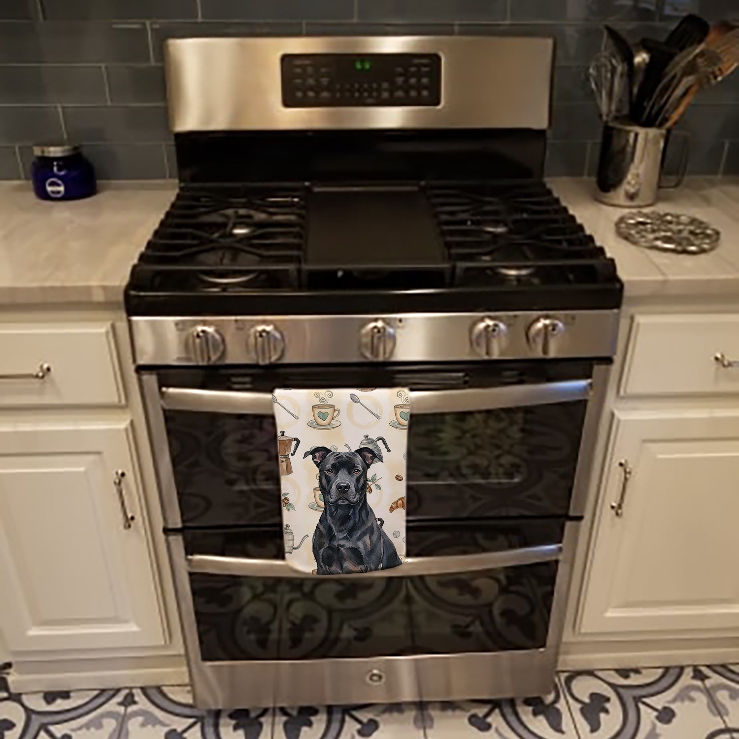 Black American Staffordshire Terrier Coffee Bar Kitchen Towel Velour Plush Front and Cotton Loop Back Machine Washable