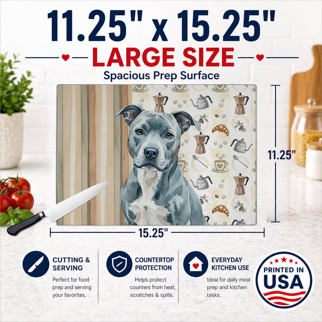 Blue American Staffordshire Terrier Coffee Bar Cutting Board Tempered Glass Kitchen Cutting Surface, Heat Resistant Chopping, Non-Slip Feet, Food Prep & Serving