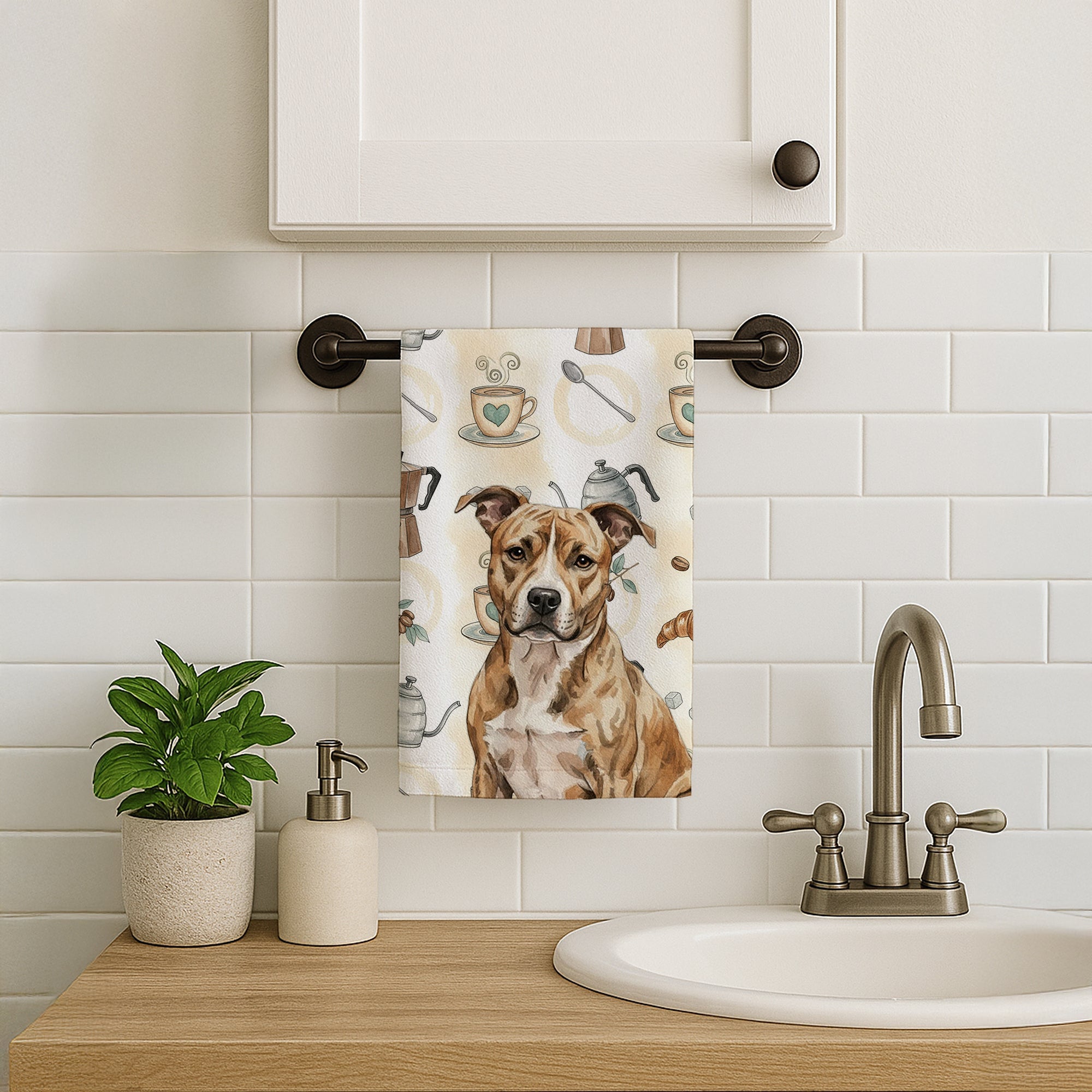 Brindle American Staffordshire Terrier Coffee Bar Kitchen Towel Velour Plush Front and Cotton Loop Back Machine Washable