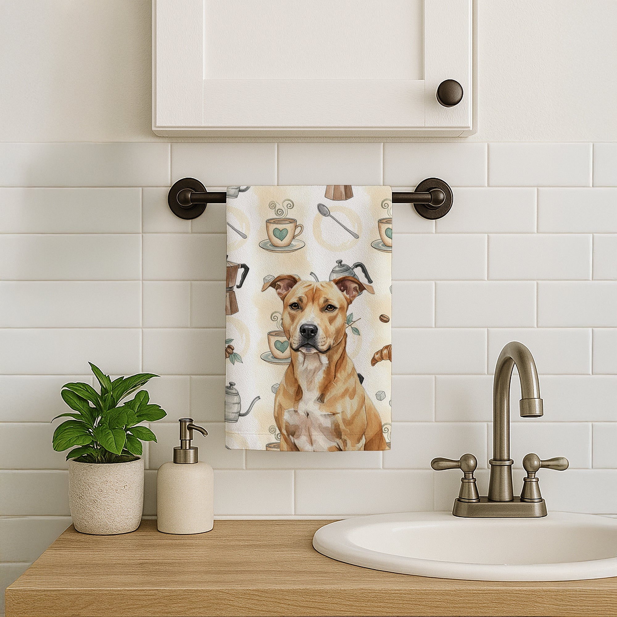 Fawn American Staffordshire Terrier Coffee Bar Kitchen Towel Velour Plush Front and Cotton Loop Back Machine Washable