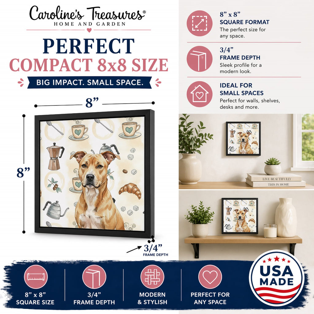 Fawn American Staffordshire Terrier Coffee Bar Framed Metal Print Bathroom, Kitchen, Office, Home Decor Wall Art Ready to Hang, Square, 8X8