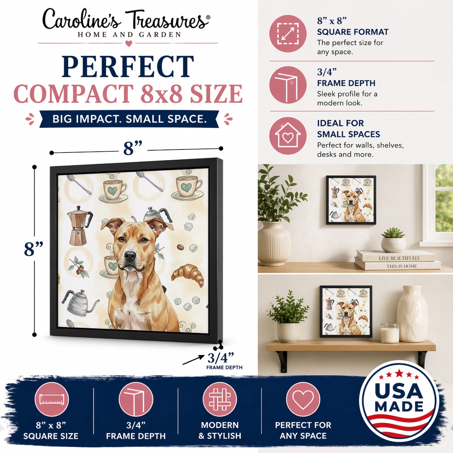 Fawn American Staffordshire Terrier Coffee Bar Framed Metal Print Bathroom, Kitchen, Office, Home Decor Wall Art Ready to Hang, Square, 8X8
