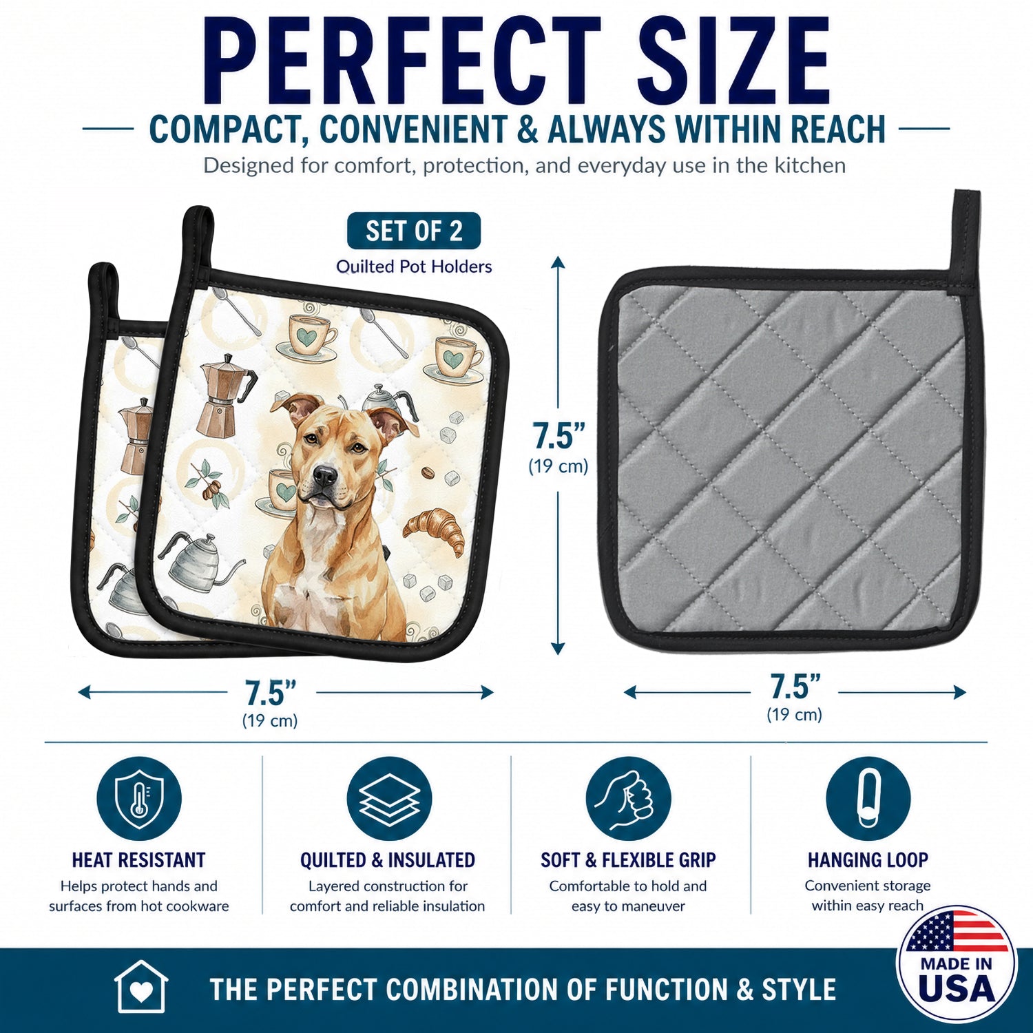Fawn American Staffordshire Terrier Coffee Bar Pot Holder Set of 2 Heat Resistant Quilted Hot Pads 7.5 x 7.5 Inch, Insulated Kitchen Trivets for Cooking & Baking