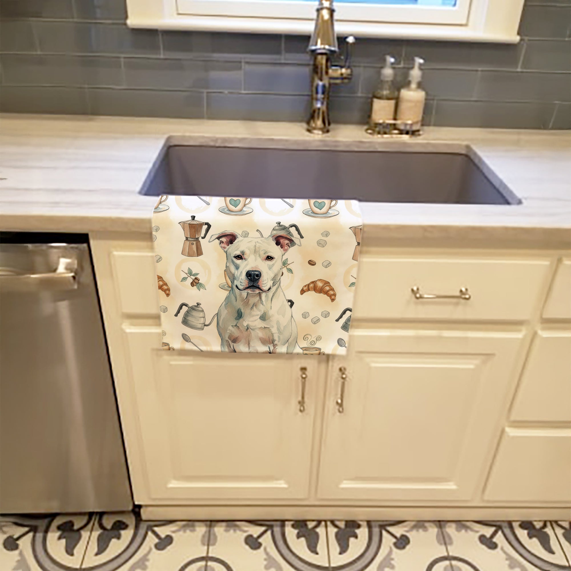 White American Staffordshire Terrier Coffee Bar Kitchen Towel Velour Plush Front and Cotton Loop Back Machine Washable