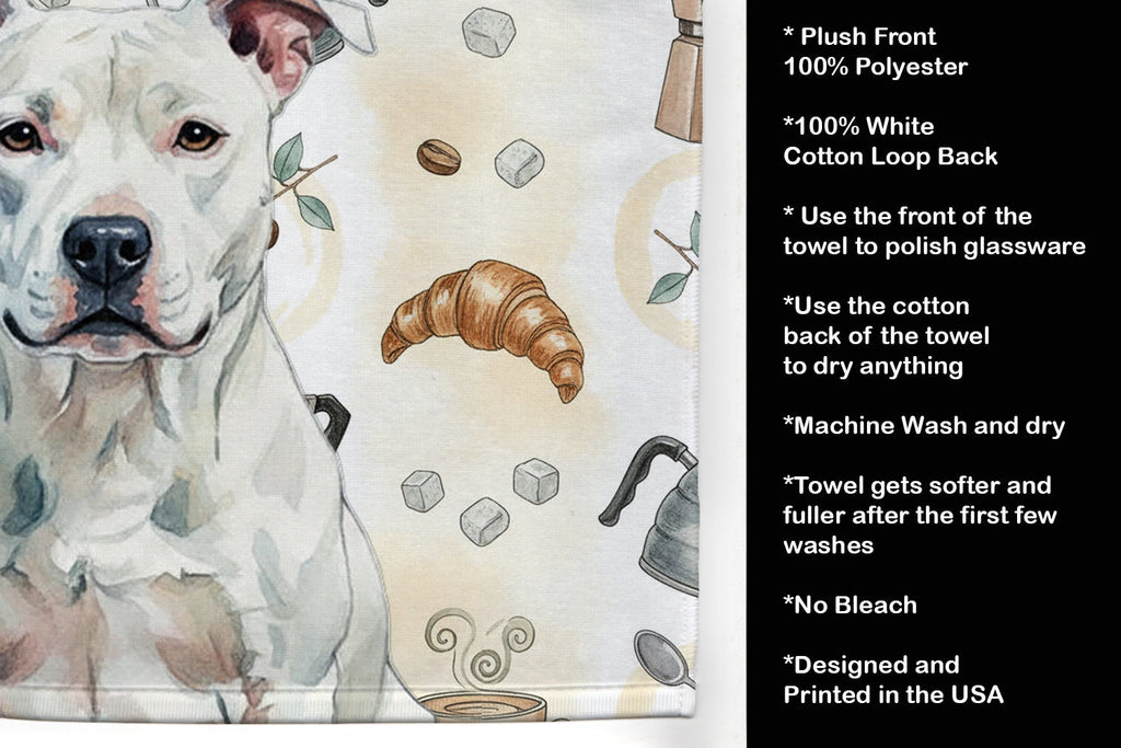 White American Staffordshire Terrier Coffee Bar Kitchen Towel Velour Plush Front and Cotton Loop Back Machine Washable