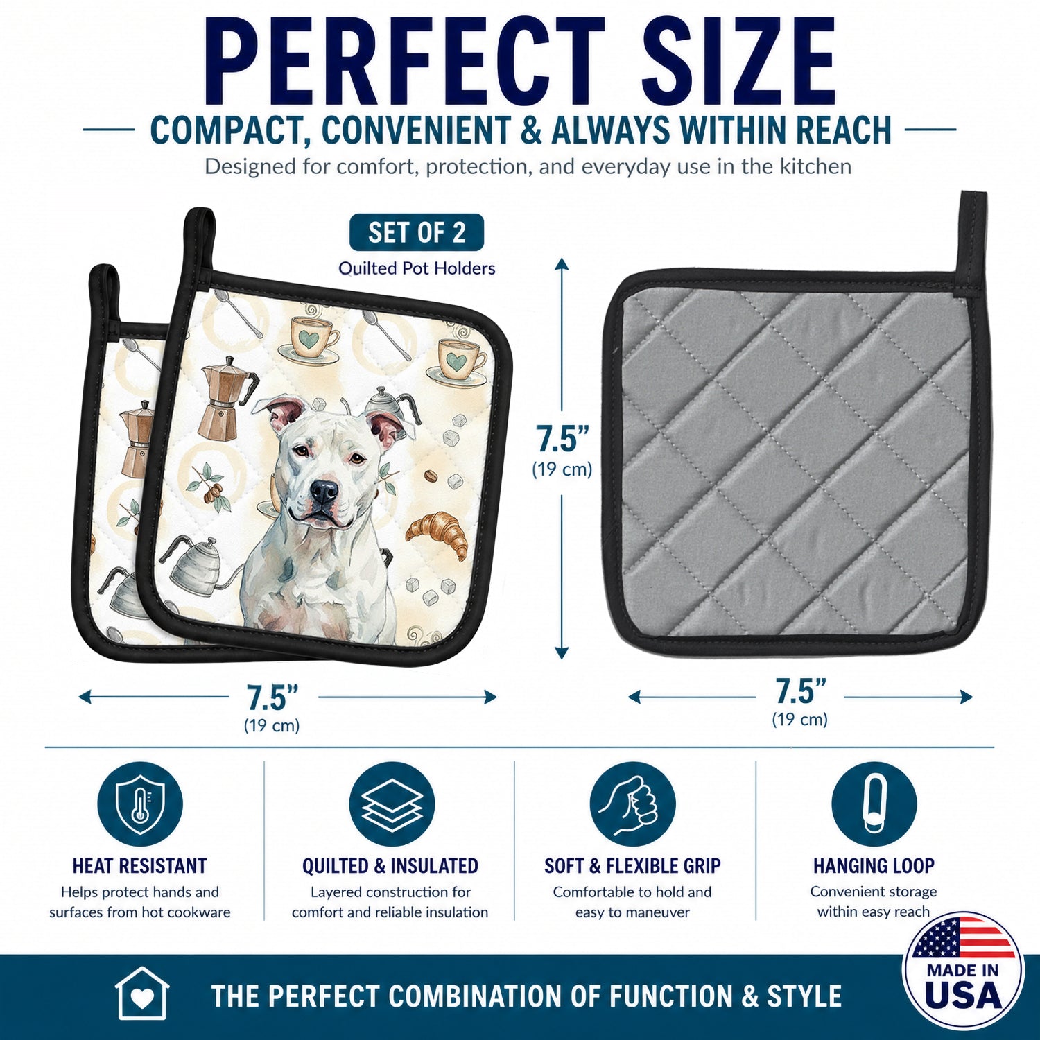 White American Staffordshire Terrier Coffee Bar Pot Holder Set of 2 Heat Resistant Quilted Hot Pads 7.5 x 7.5 Inch, Insulated Kitchen Trivets for Cooking & Baking
