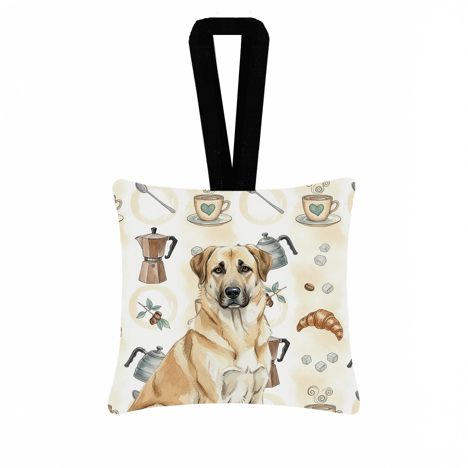 Anatolian Shepherd Dog Coffee Bar Hanging Square Fabric Ornament 3.5 � 3.5 Decorative Door-Knob & Tree Hanger, Soft Fabric