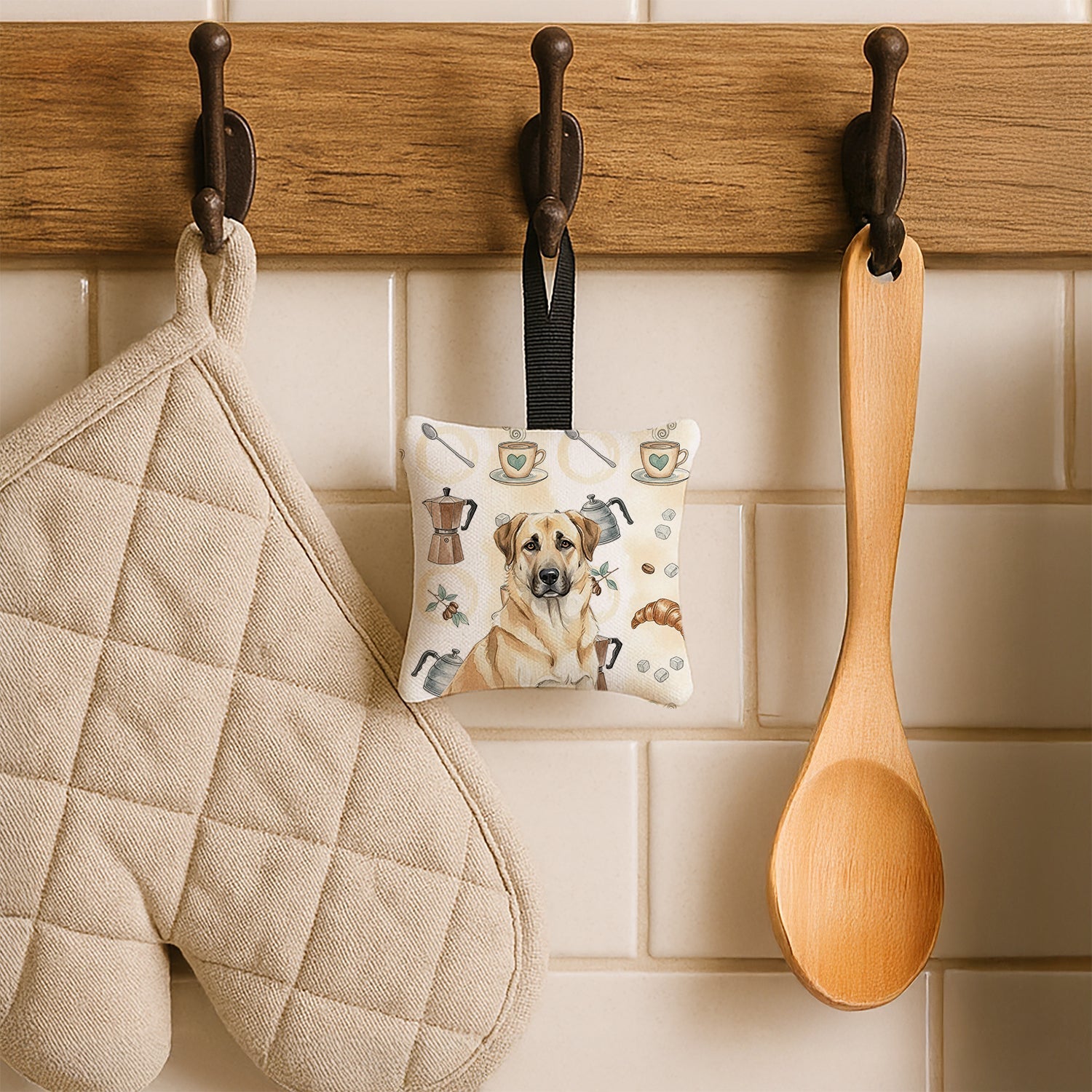 Anatolian Shepherd Dog Coffee Bar Hanging Square Fabric Ornament 3.5 � 3.5 Decorative Door-Knob & Tree Hanger, Soft Fabric