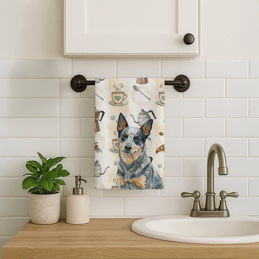 Blue Heeler Australian Cattle Dog Coffee Bar Kitchen Towel Velour Plush Front and Cotton Loop Back Machine Washable