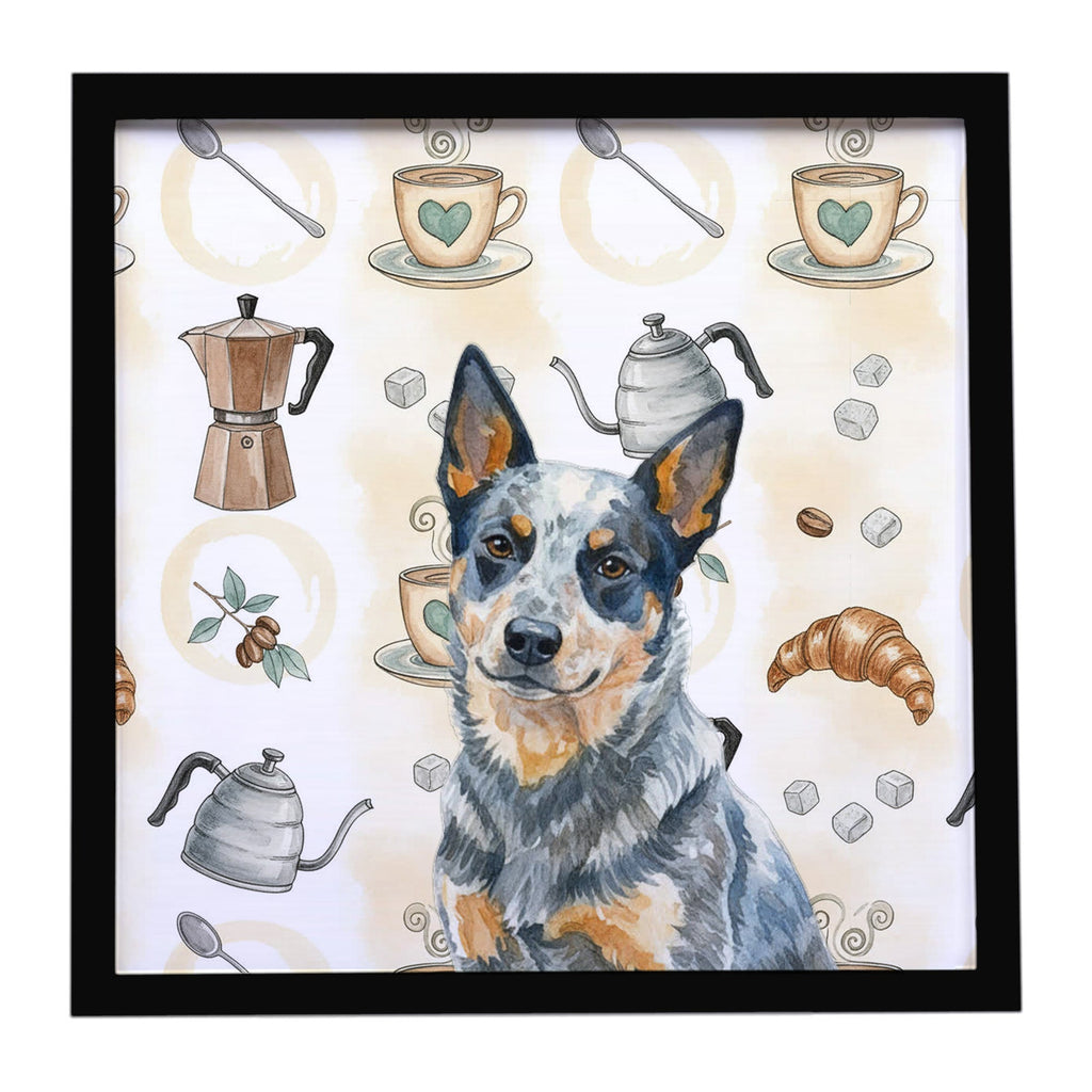 Blue Heeler Australian Cattle Dog Coffee Bar Framed Metal Print Bathroom, Kitchen, Office, Home Decor Wall Art Ready to Hang, Square, 8X8