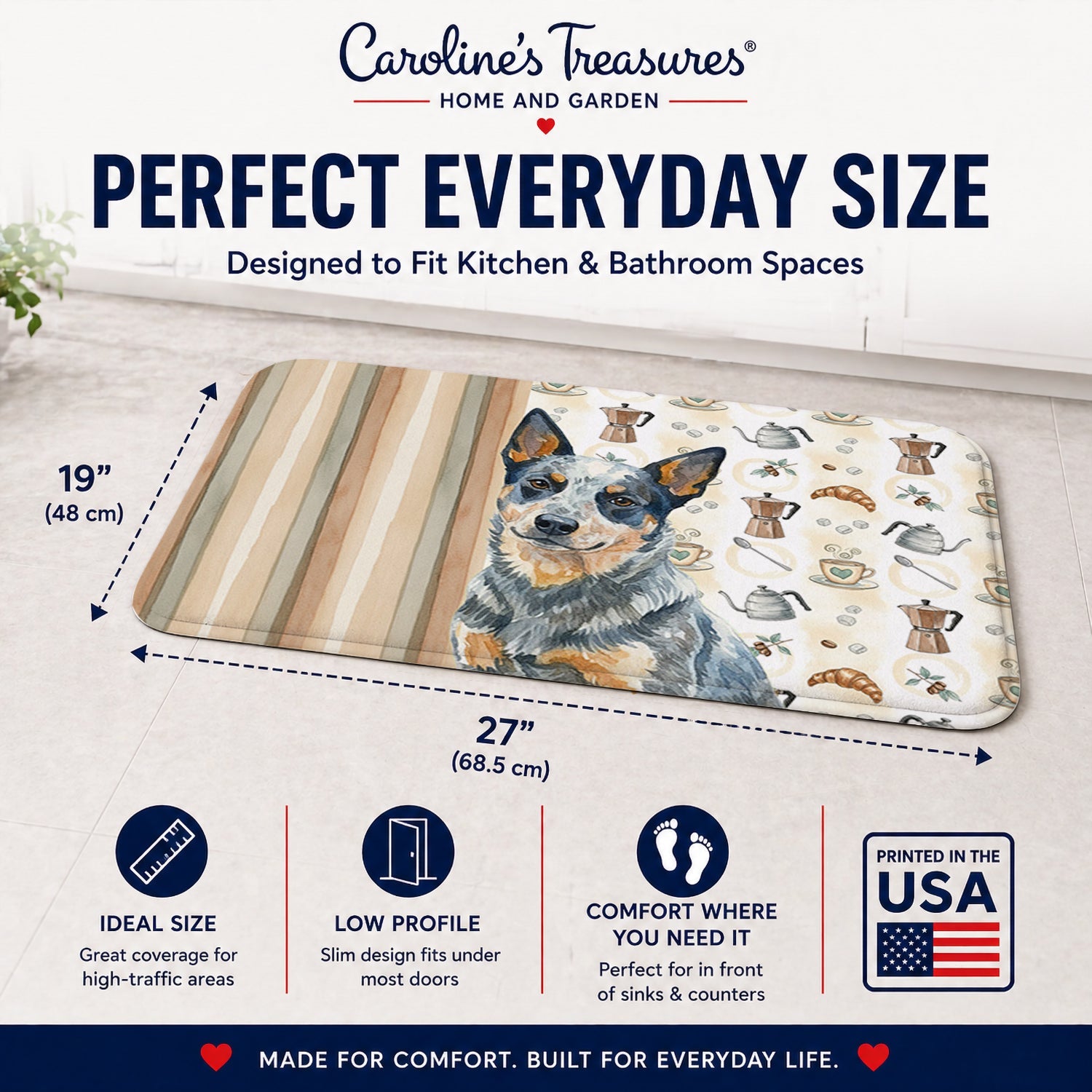 Blue Heeler Australian Cattle Dog Coffee Bar Memory Foam Kitchen Mat Machine Washable Anti-Fatigue Cushion Comfort Bath or Kitchen Rug