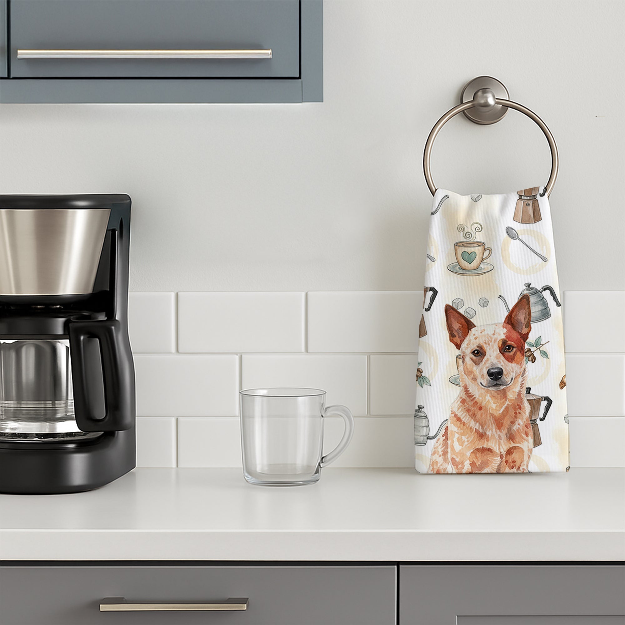 Red Heeler Australian Cattle Dog Coffee Bar Kitchen Towel Velour Plush Front and Cotton Loop Back Machine Washable