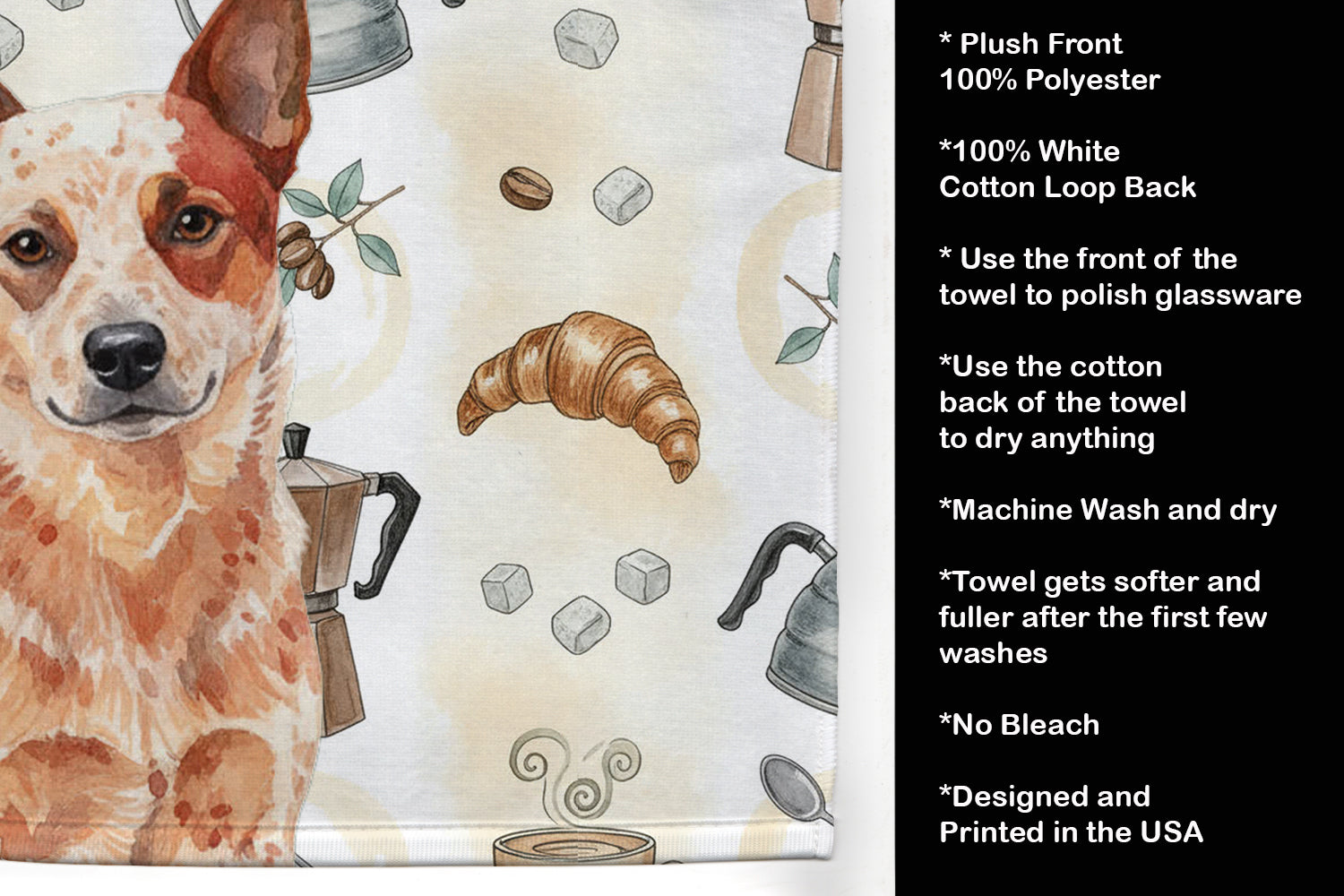 Red Heeler Australian Cattle Dog Coffee Bar Kitchen Towel Velour Plush Front and Cotton Loop Back Machine Washable