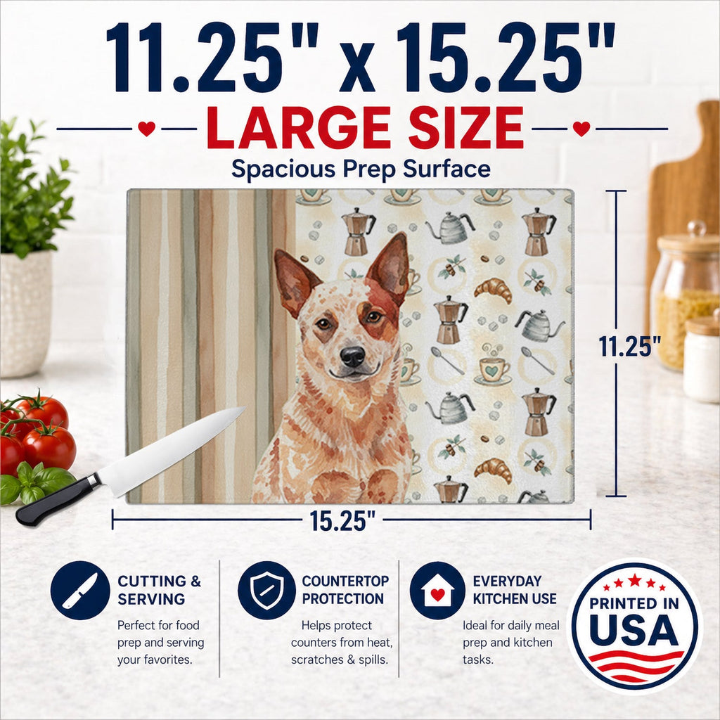 Red Heeler Australian Cattle Dog Coffee Bar Cutting Board Tempered Glass Kitchen Cutting Surface, Heat Resistant Chopping, Non-Slip Feet, Food Prep & Serving