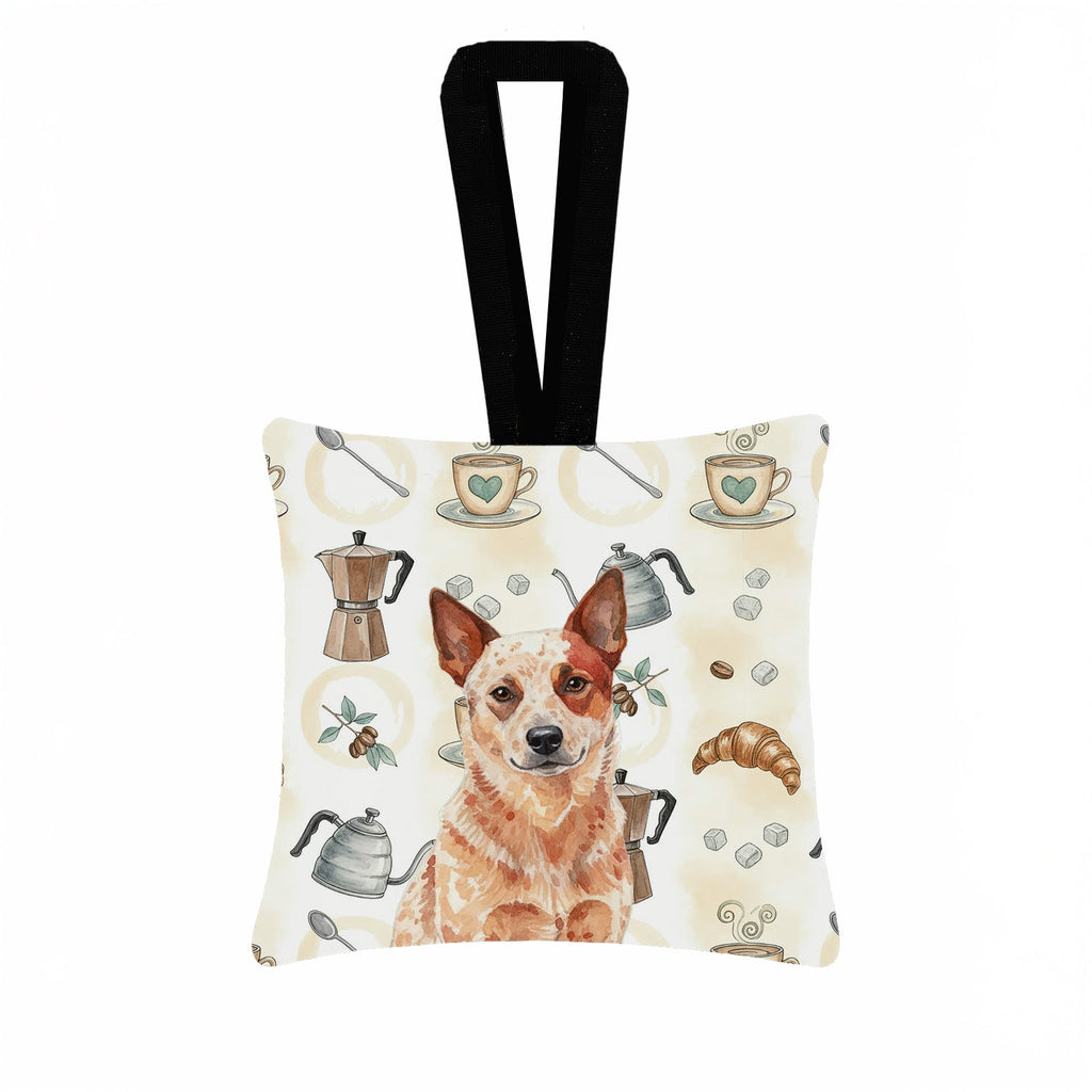 Red Heeler Australian Cattle Dog Coffee Bar Hanging Square Fabric Ornament 3.5 � 3.5 Decorative Door-Knob & Tree Hanger, Soft Fabric