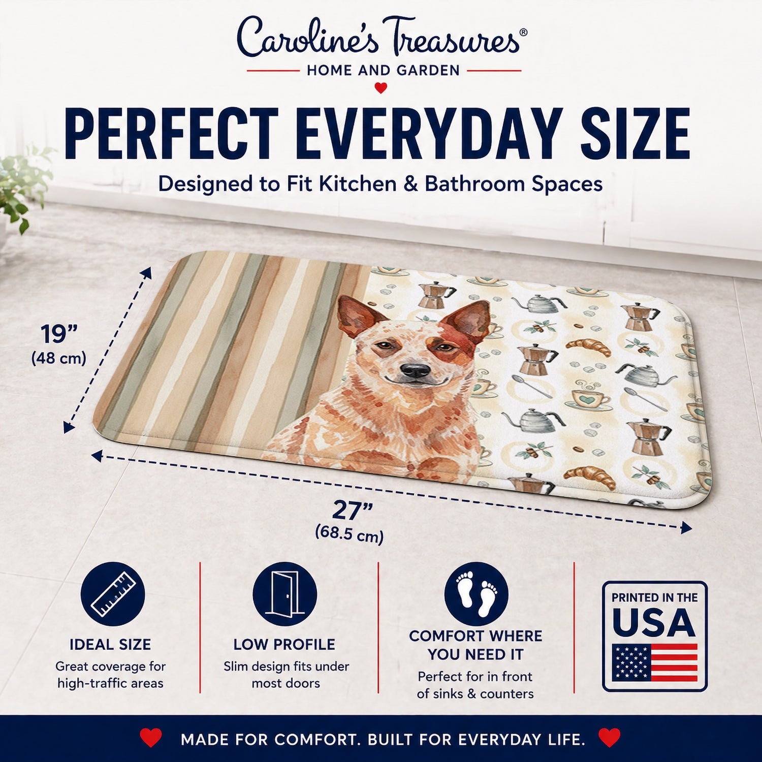 Red Heeler Australian Cattle Dog Coffee Bar Memory Foam Kitchen Mat Machine Washable Anti-Fatigue Cushion Comfort Bath or Kitchen Rug