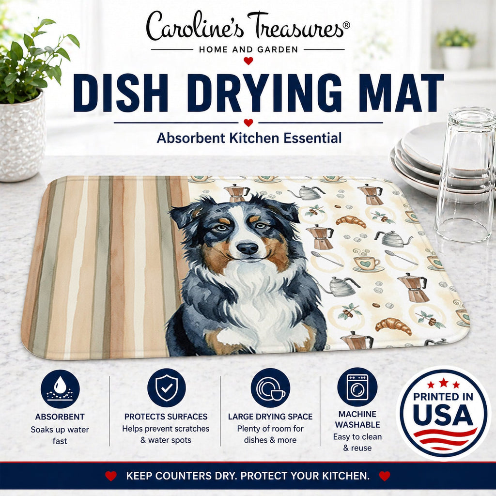 Black Australian Shepherd Coffee Bar Dish Drying Mat Absorbent Dish Drying Mat Pad for Kitchen Counter Dish Drainer Mat for Countertop, 14 x 21", Multicolor