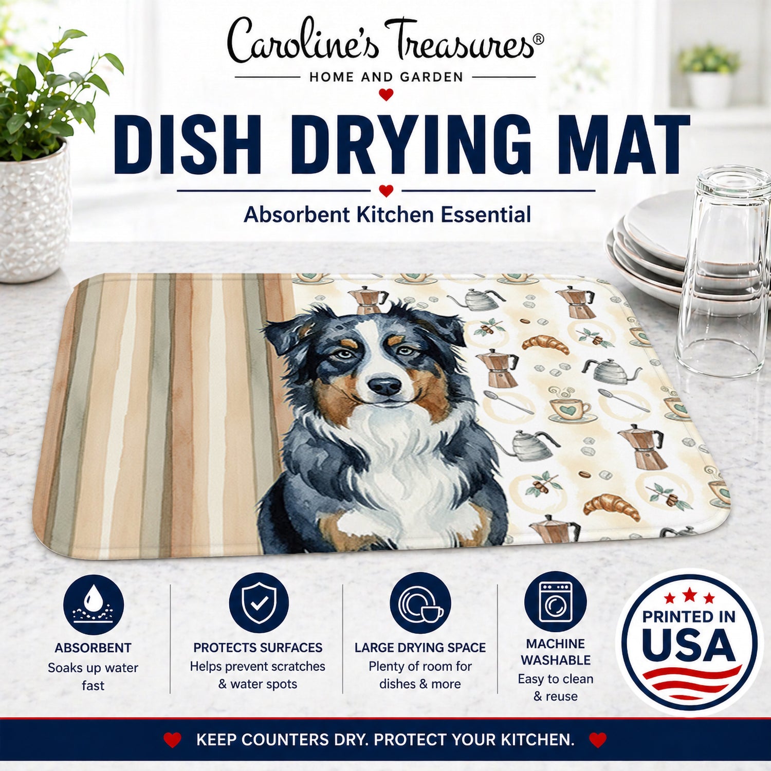 Black Australian Shepherd Coffee Bar Dish Drying Mat Absorbent Dish Drying Mat Pad for Kitchen Counter Dish Drainer Mat for Countertop, 14 x 21", Multicolor