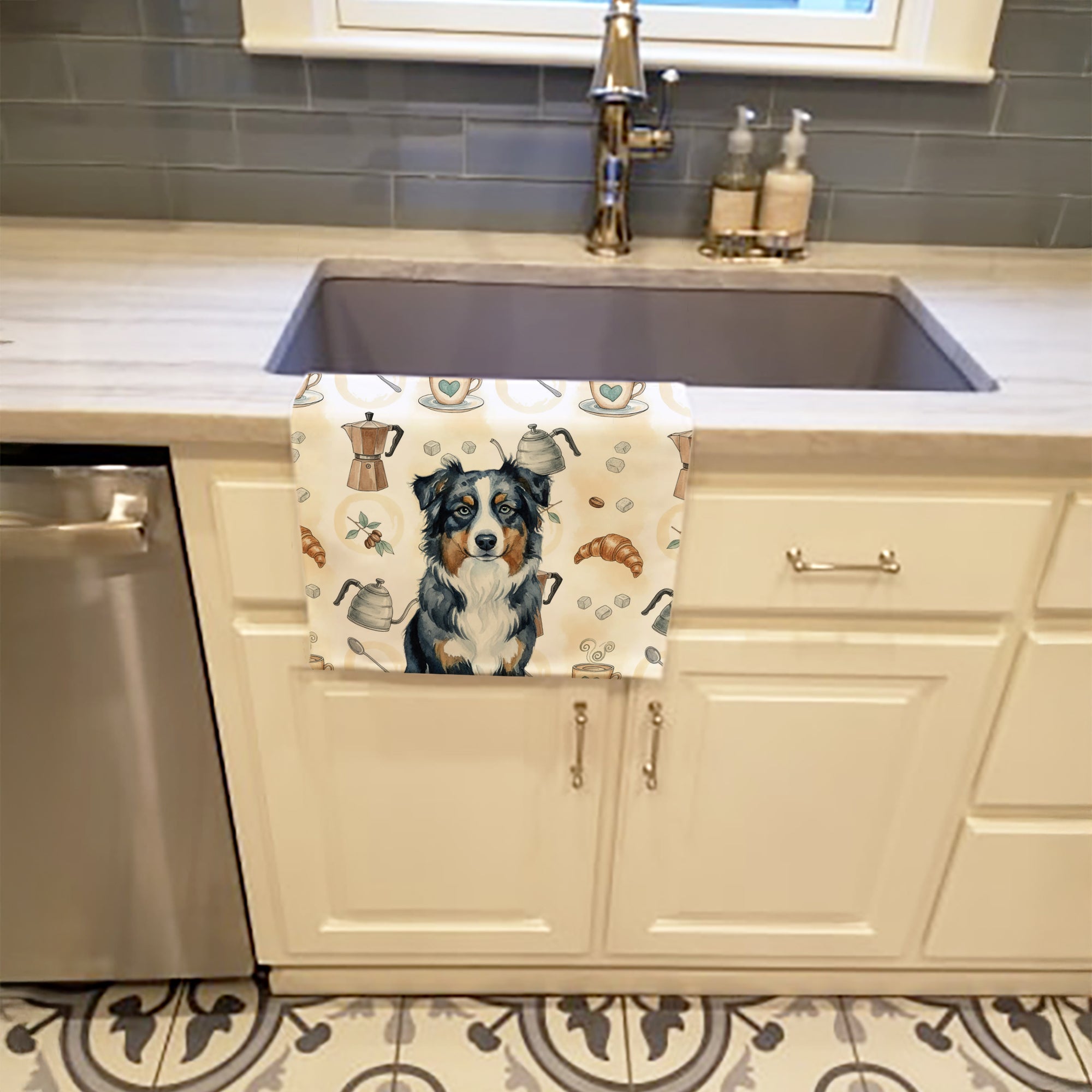 Black Australian Shepherd Coffee Bar Kitchen Towel Velour Plush Front and Cotton Loop Back Machine Washable