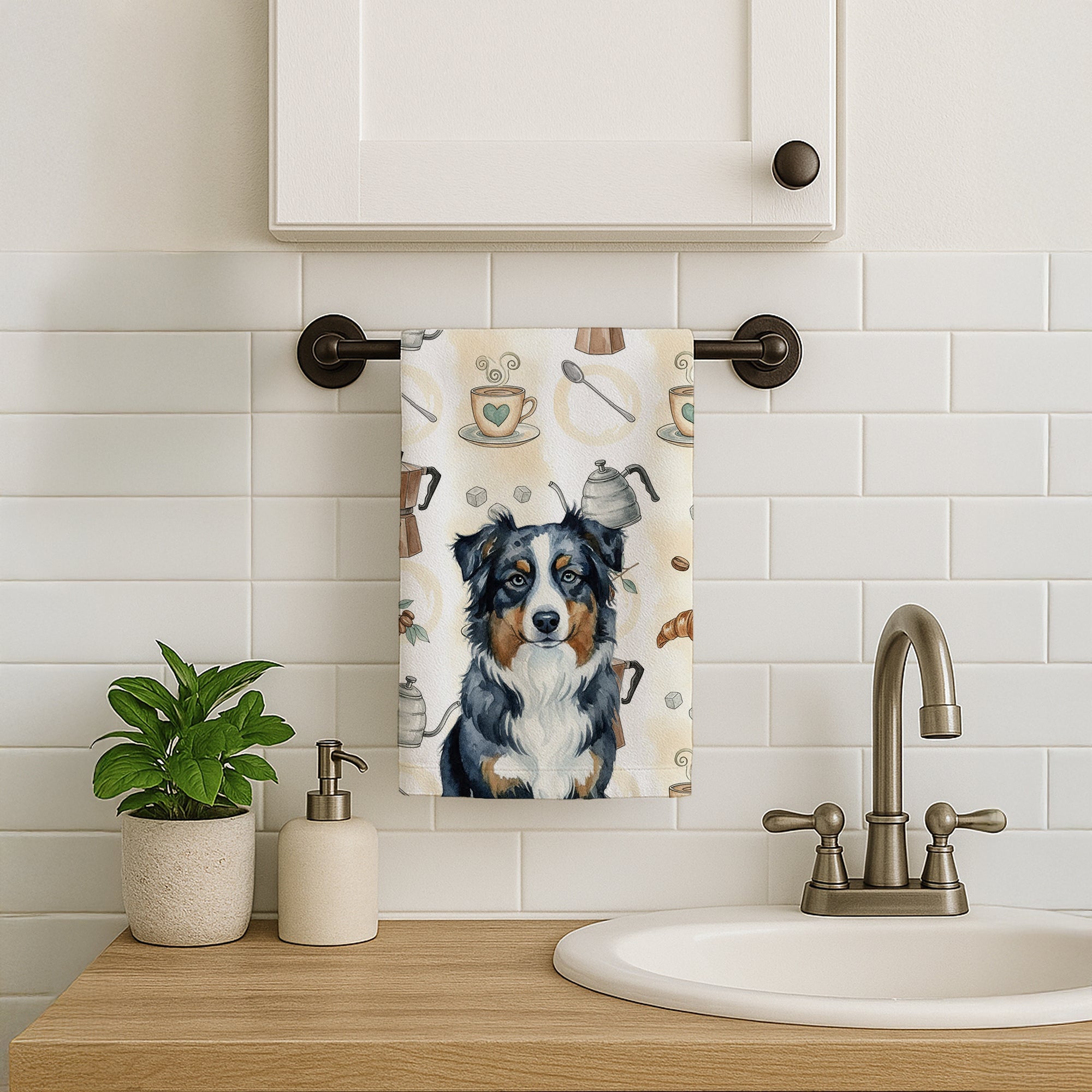 Black Australian Shepherd Coffee Bar Kitchen Towel Velour Plush Front and Cotton Loop Back Machine Washable