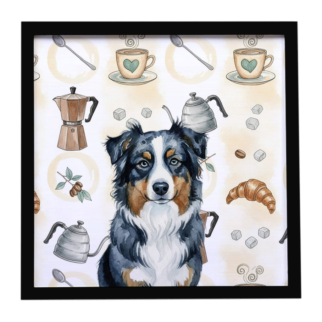 Black Australian Shepherd Coffee Bar Framed Metal Print Bathroom, Kitchen, Office, Home Decor Wall Art Ready to Hang, Square, 8X8