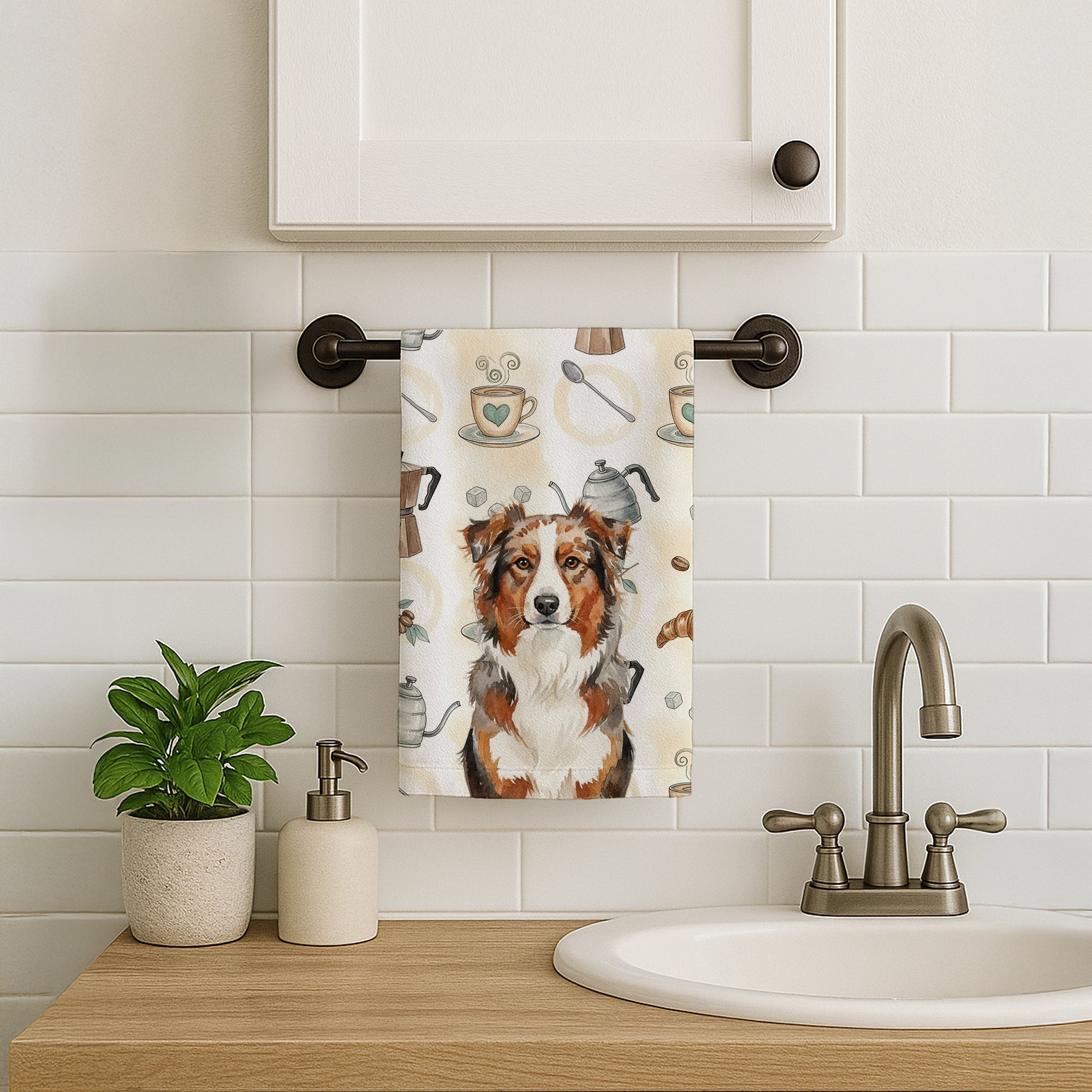 Red Merle Australian Shepherd Coffee Bar Kitchen Towel Velour Plush Front and Cotton Loop Back Machine Washable