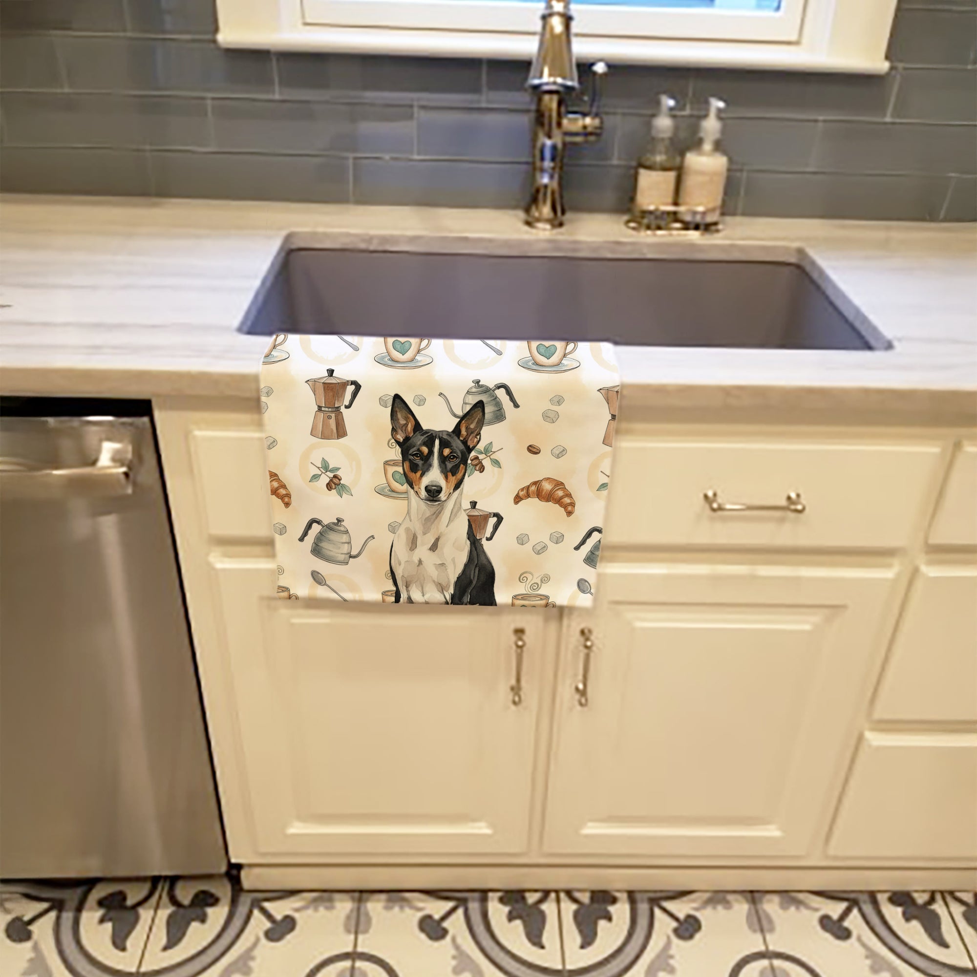 Black and White Basenji Coffee Bar Kitchen Towel Velour Plush Front and Cotton Loop Back Machine Washable