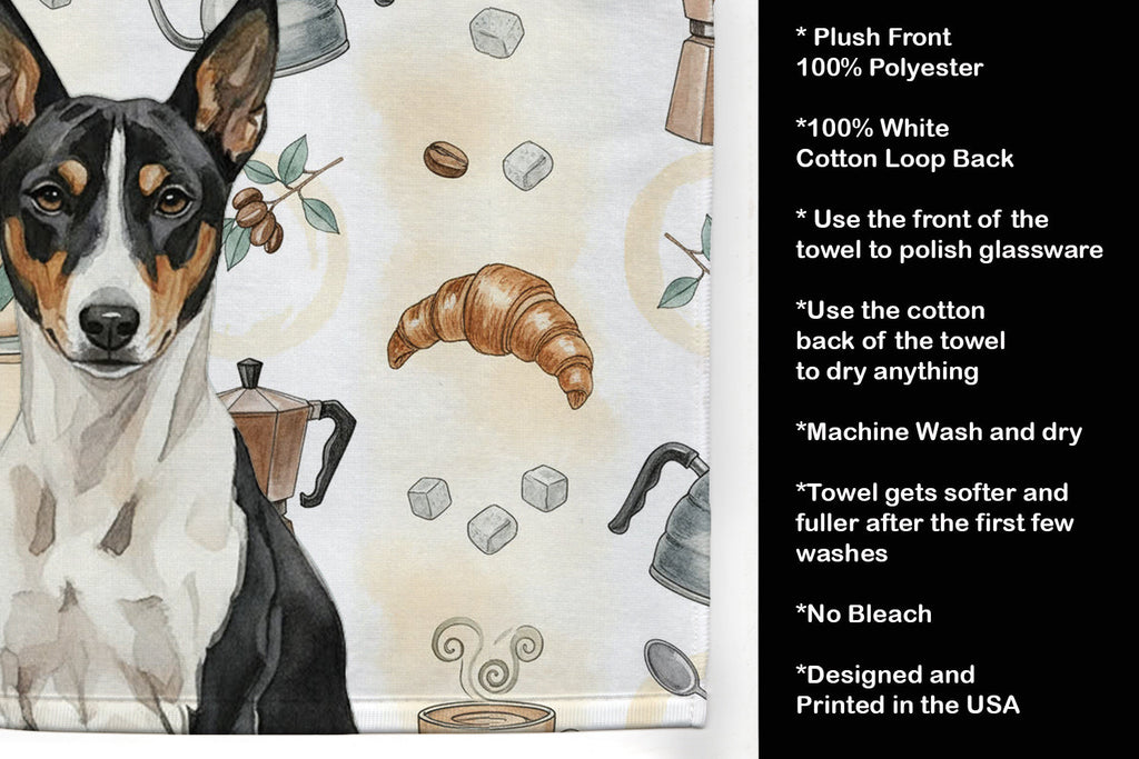 Black and White Basenji Coffee Bar Kitchen Towel Velour Plush Front and Cotton Loop Back Machine Washable
