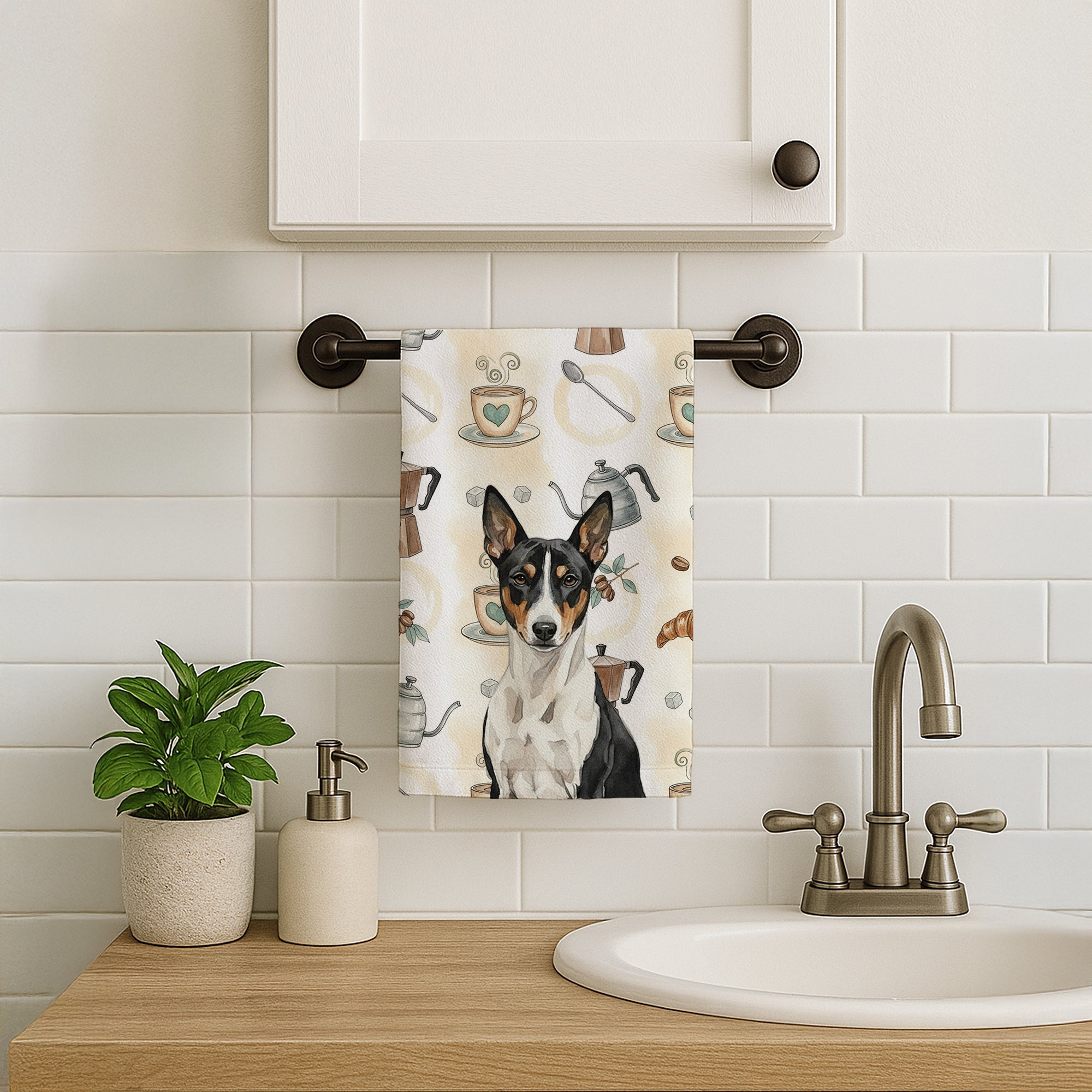 Black and White Basenji Coffee Bar Kitchen Towel Velour Plush Front and Cotton Loop Back Machine Washable