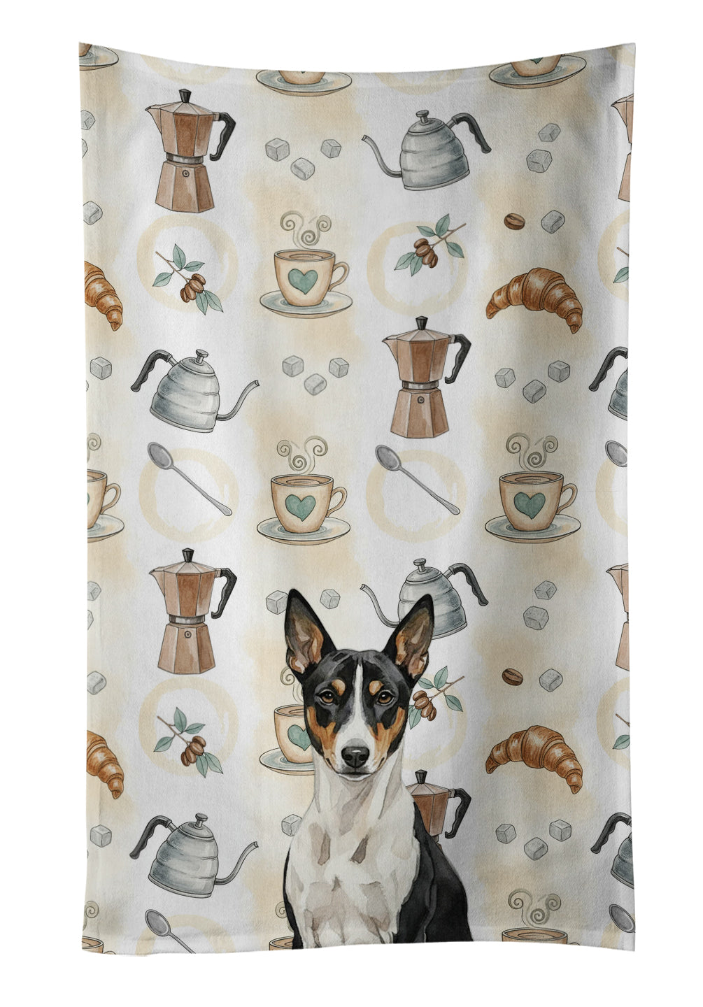 Black and White Basenji Coffee Bar Kitchen Towel Velour Plush Front and Cotton Loop Back Machine Washable