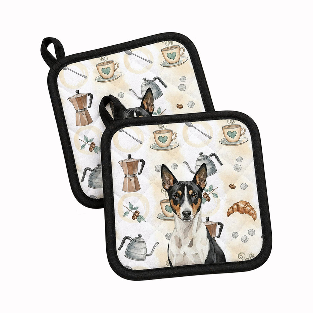 Black and White Basenji Coffee Bar Pot Holder Set of 2 Heat Resistant Quilted Hot Pads 7.5 x 7.5 Inch, Insulated Kitchen Trivets for Cooking & Baking