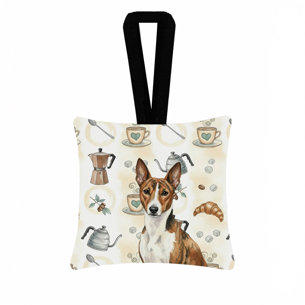 Brindle and White Basenji Coffee Bar Hanging Square Fabric Ornament 3.5 � 3.5 Decorative Door-Knob & Tree Hanger, Soft Fabric